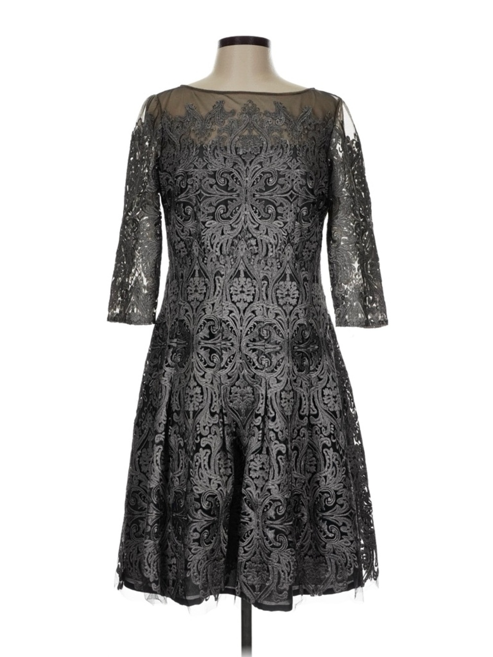 SZ 12 Kay Unger Gray Lace Midi Fit & Flare Cocktail Dress